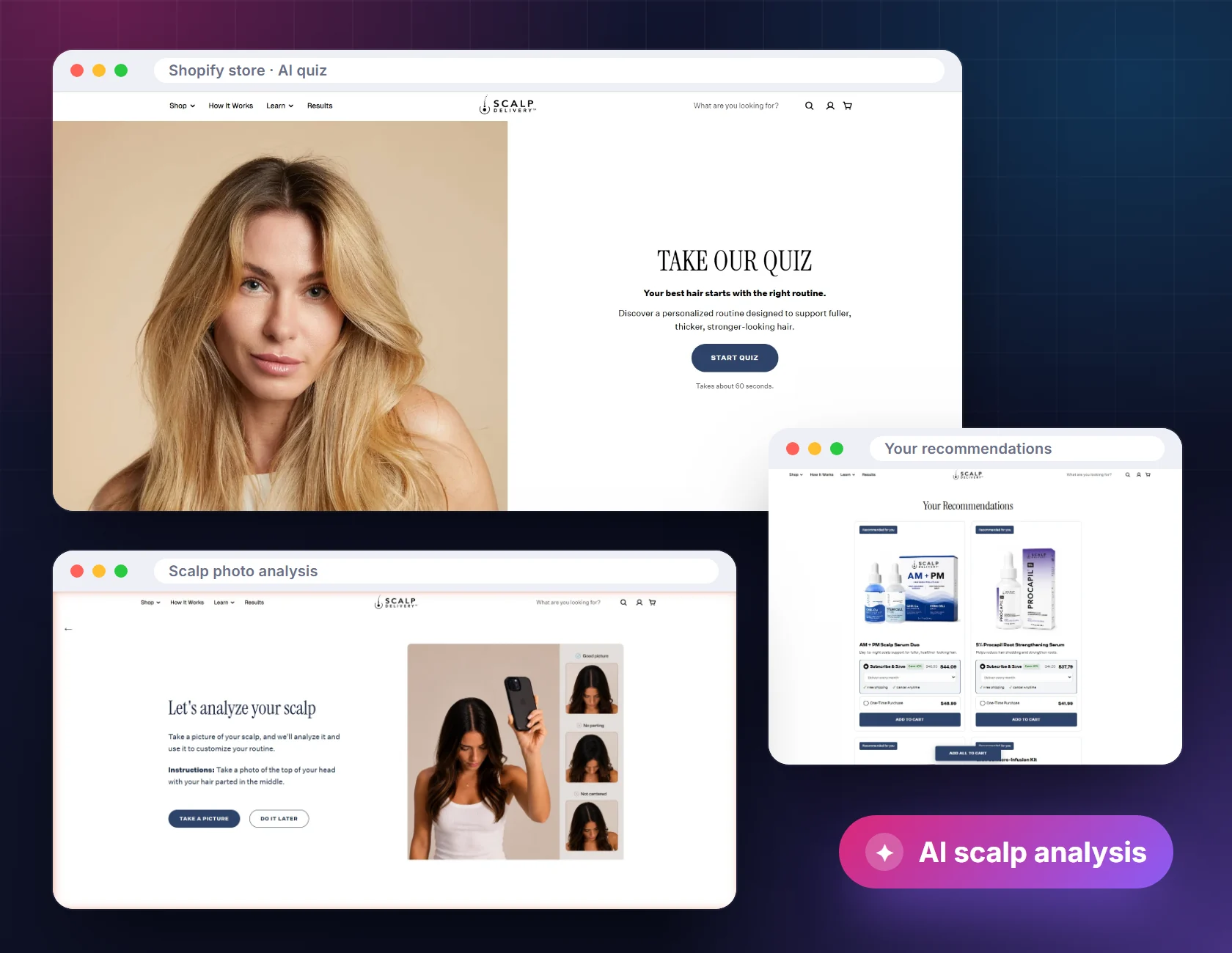 AI scalp analysis quiz on a Shopify store: quiz start, scalp photo step and product recommendations