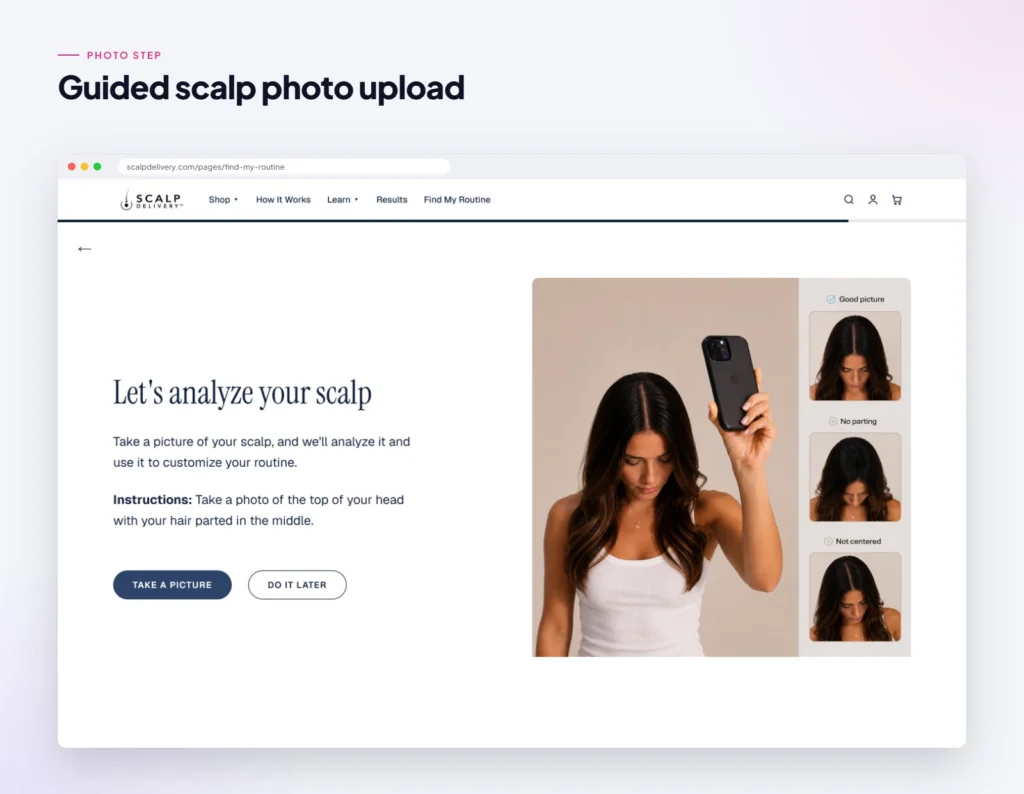 Guided scalp photo upload step of the Shopify quiz