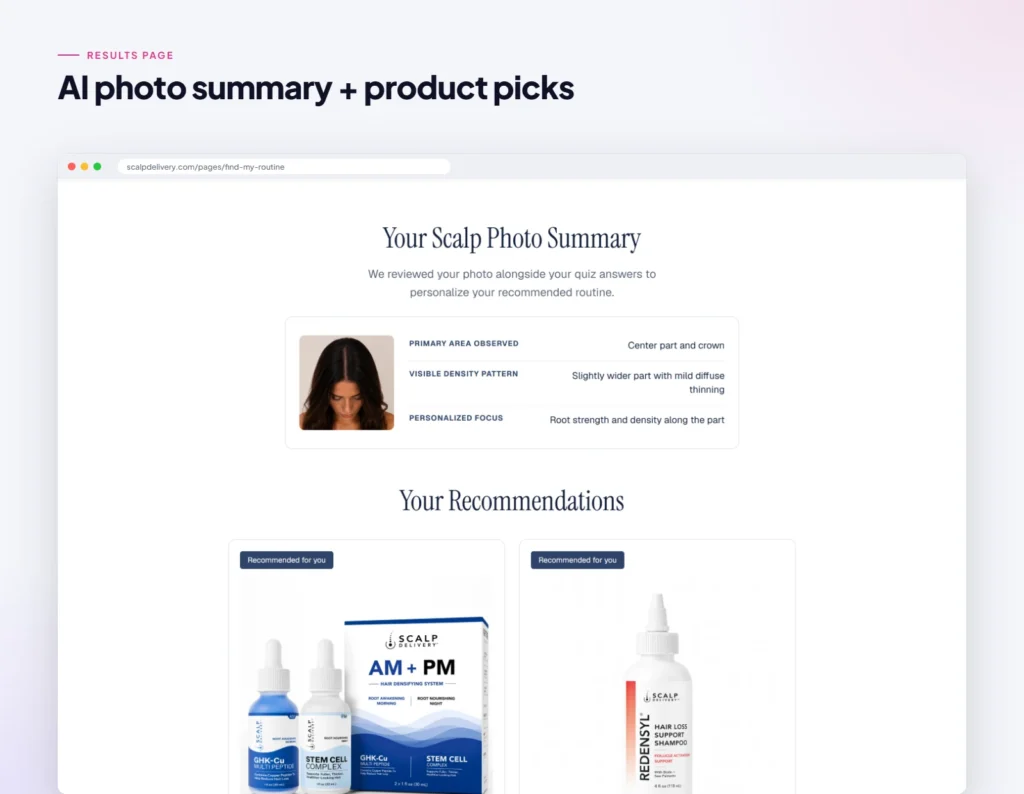 Quiz results page with AI scalp photo summary and product cards