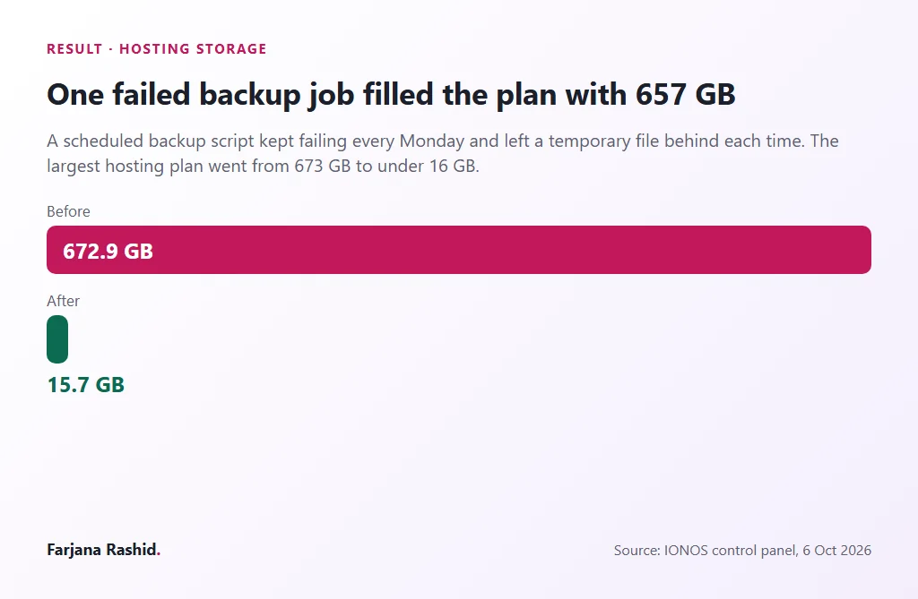 Hosting storage reduced from 672.9 GB to 15.7 GB after clearing failed backup files
