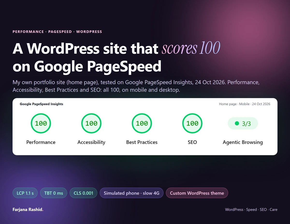 My own site on Google PageSpeed Insights: Performance, Accessibility, Best Practices and SEO all 100, on mobile and desktop