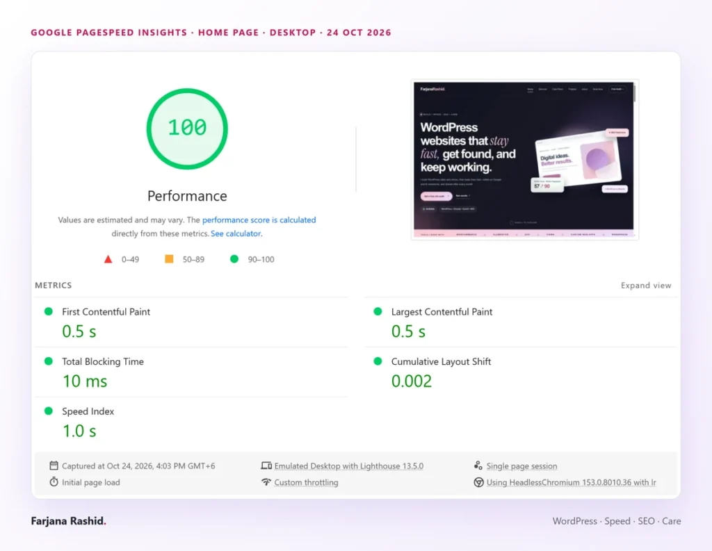 Google PageSpeed Insights, desktop: Performance 100, First Contentful Paint 0.5 s, Largest Contentful Paint 0.5 s, Total Blocking Time 10 ms, Cumulative Layout Shift 0.002, Speed Index 1.0 s