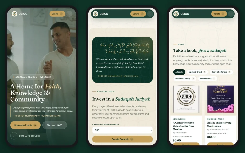 USICC home, donate and shop pages on a phone
