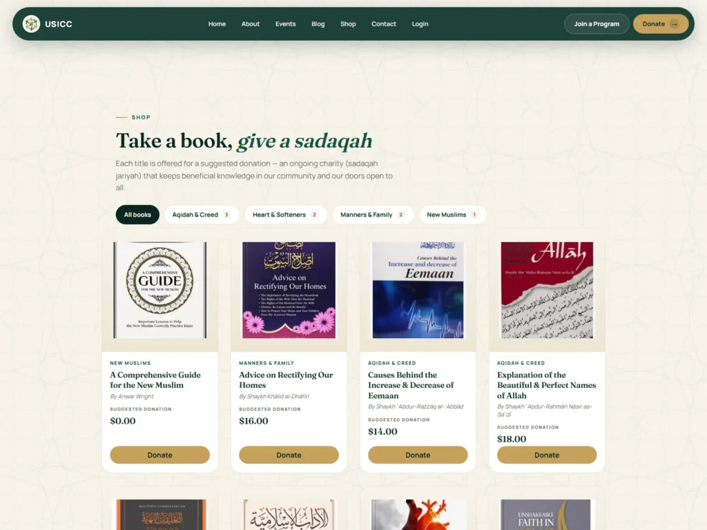USICC book shop where every title is offered for a suggested donation